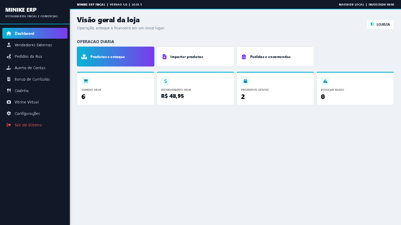 Screenshot real da retaguarda ERP Minike