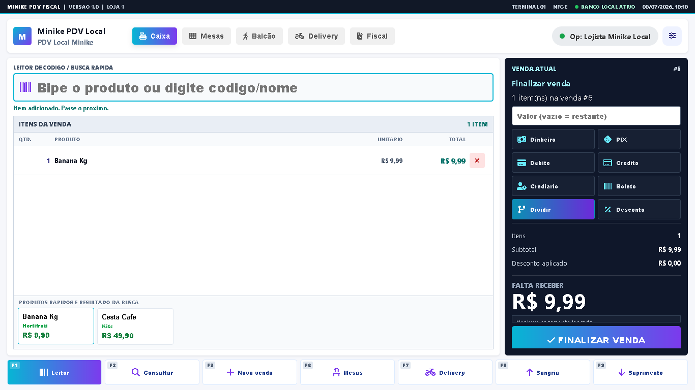 Screenshot real do PDV Minike em tela de finalizacao