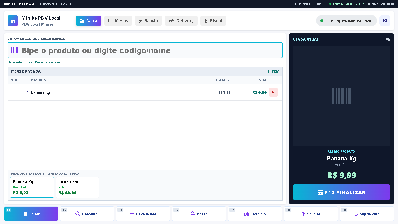 Screenshot real do PDV Minike com produto e venda