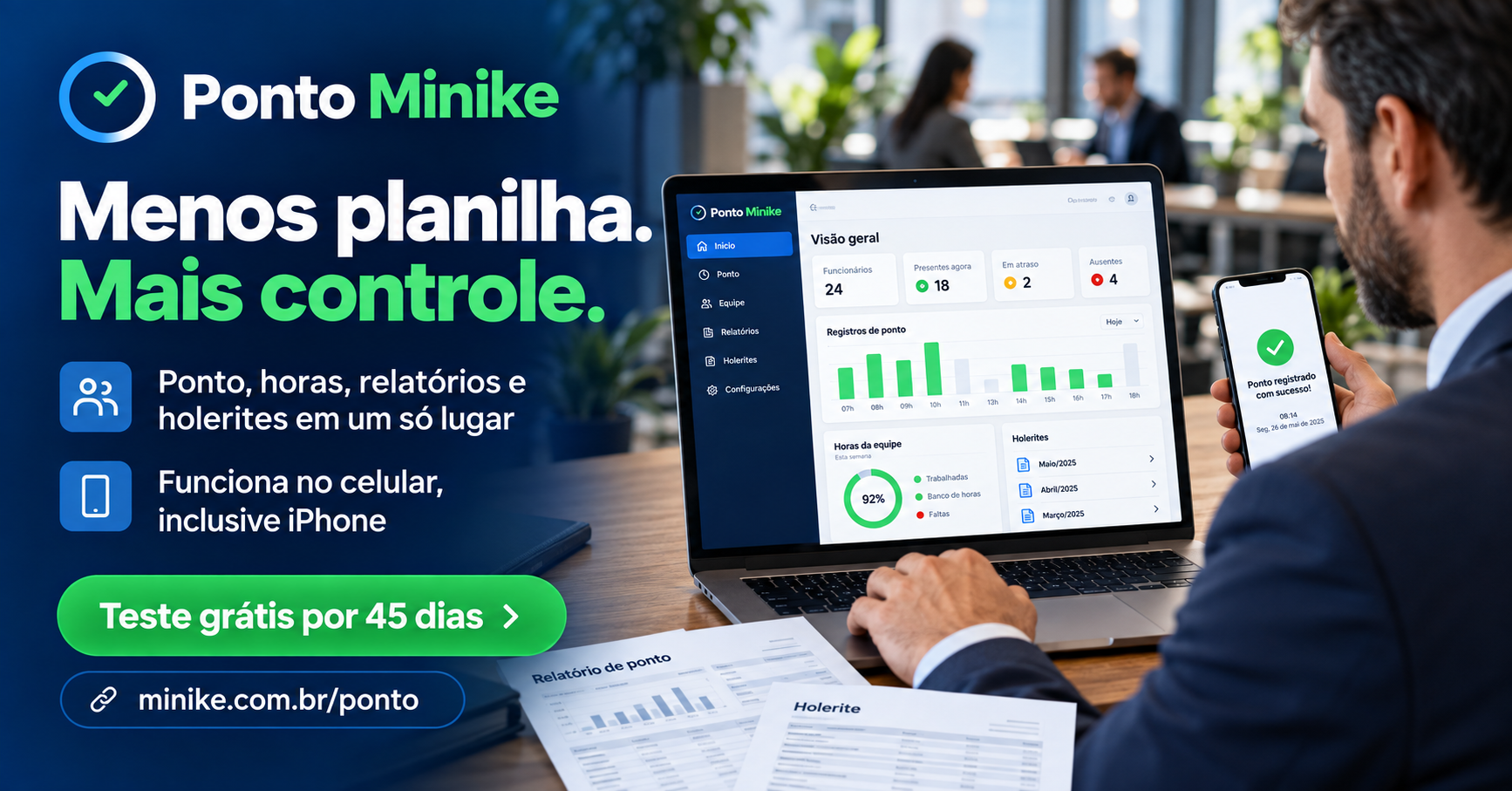 Painel ilustrativo do Ponto Minike com controle de jornada, relatórios e acesso pelo celular